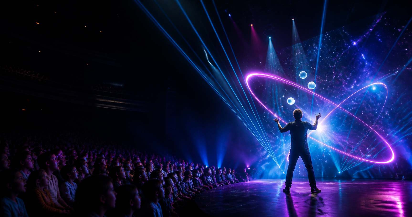 A live science performer juggling glowing spheres amid laser light in a packed theater